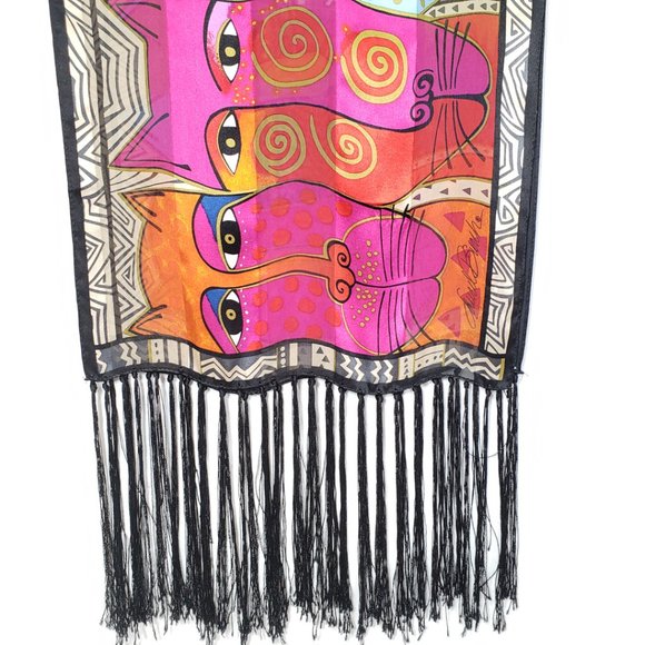 Laurel Burch Vintage Silk Cat Scarf w/ Fringe - Picture 3 of 10